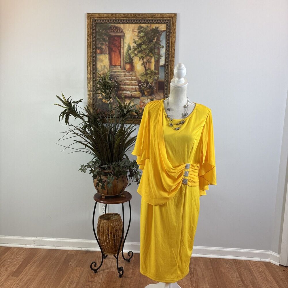 *NWT* Hanna Nikole Womens Large Dress Yellow Flutter Sleeve Round Neck Zipper